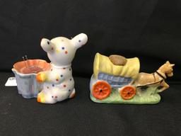 Pair Of Figural Dog & A Stagecoach Pin Cushions 1950's & 1960's Japan  Tallest Is 3.5"T.