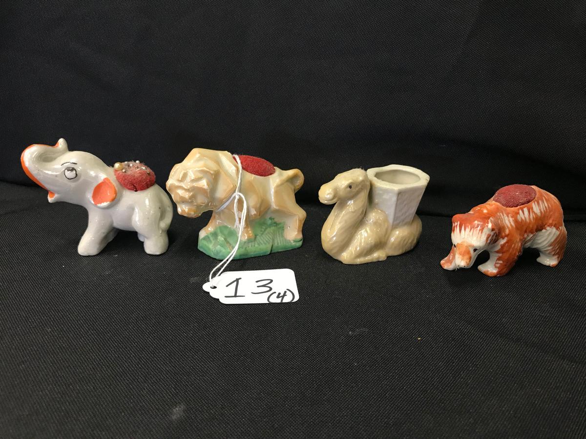 (4) Figural Pin Cushions Of Lions, & Camels, & Bears, & Elephants (Oh My!) From 1950's & 1960's Japa