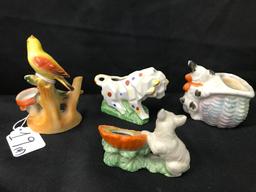 (4) Figural Dog, Bird, & Lion Pin Cushions From 1950's & 1960's Japan  Tallest Is 4"T.