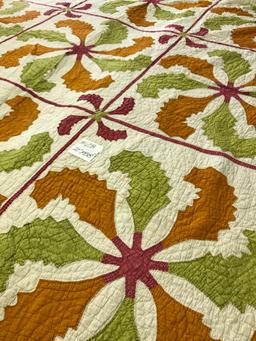 Hand Stitched Applique Quilt In A Leaf/Pinwheel Design  72" x 88"