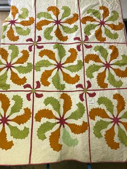 Hand Stitched Applique Quilt In A Leaf/Pinwheel Design  72" x 88"