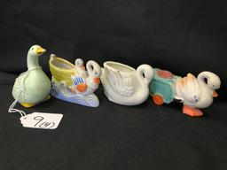 (4) Figural Duck & Swans Pin Cushions  1950's & 1960's Japan  Tallest Is 3"T.