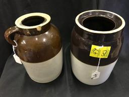 Pair Of Antique 1 Gal. Size Brown/White Stoneware Crocks