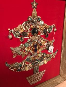 Vintage, Framed  22" X 26" Christmas Tree Made From Costume Jewelry