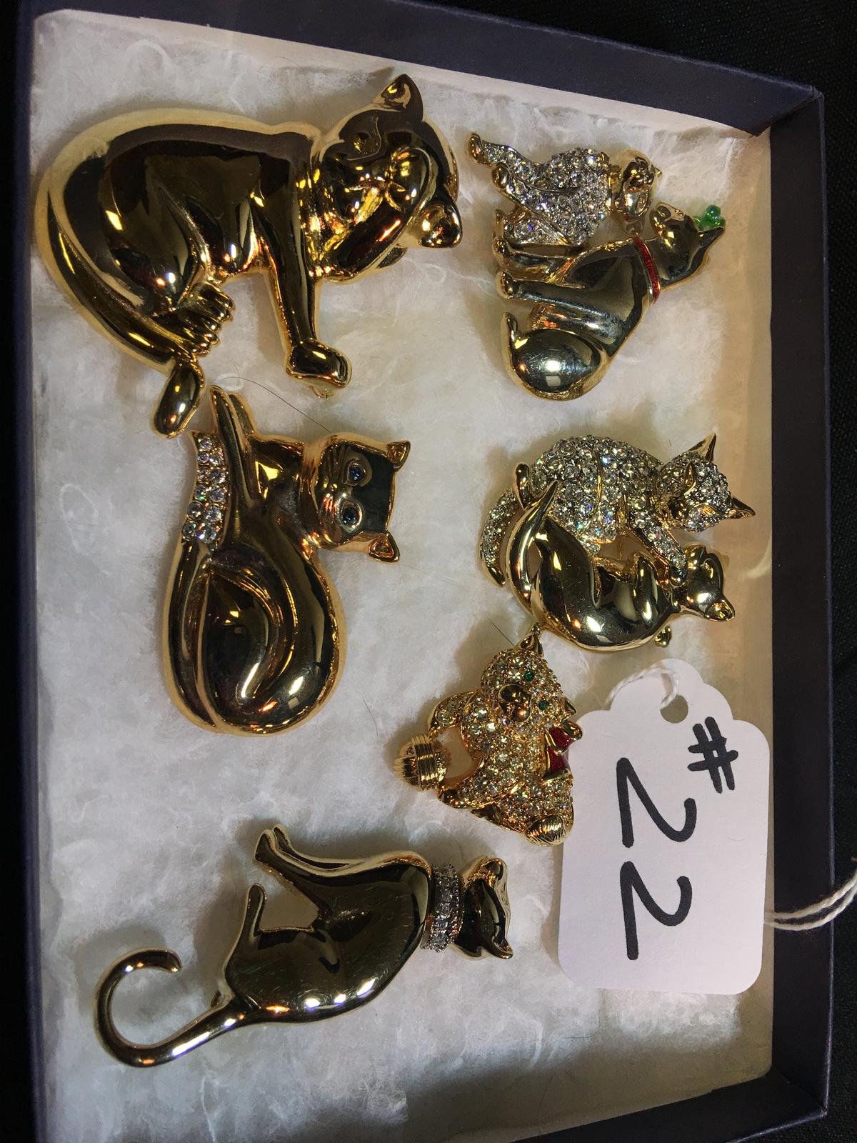 (6) Goldtone & Rhinestones Cat Pins-Largest Is 2"T.