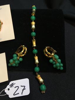 Vintage Hand-Set Pin & Earrings + Bamboo/Faux Jade Necklace