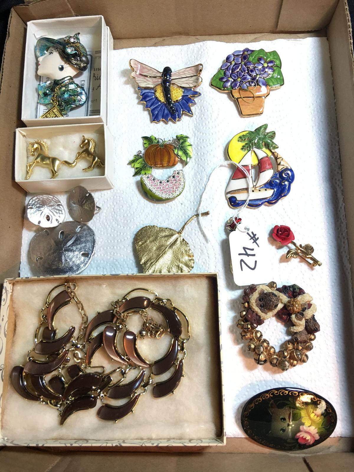 Mixed Lot: Brooch Pins, Anita Lady Pin, Russian Cat Pin, + More!