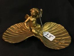 Vintage Spelter Dresser Organizer W/Cherub, Seashells, & Dragonflies