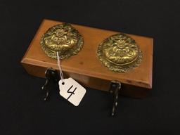 Vintage Brass Double Inkwell In Wood Base W/Pen Holder