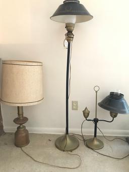 Three Older Lights: Matching Floor & Table Lamps W/Tin Shades + Table Lamp