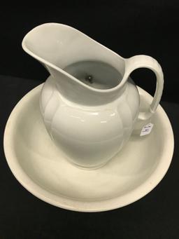 Antique White Ironstone Matching Pitcher & Bowl Is 14" Tall