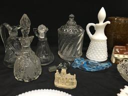 Lot Of Glassware: (4) Cruets, Stoneware Jar (Chipped), Milk Glass Plates, & More!