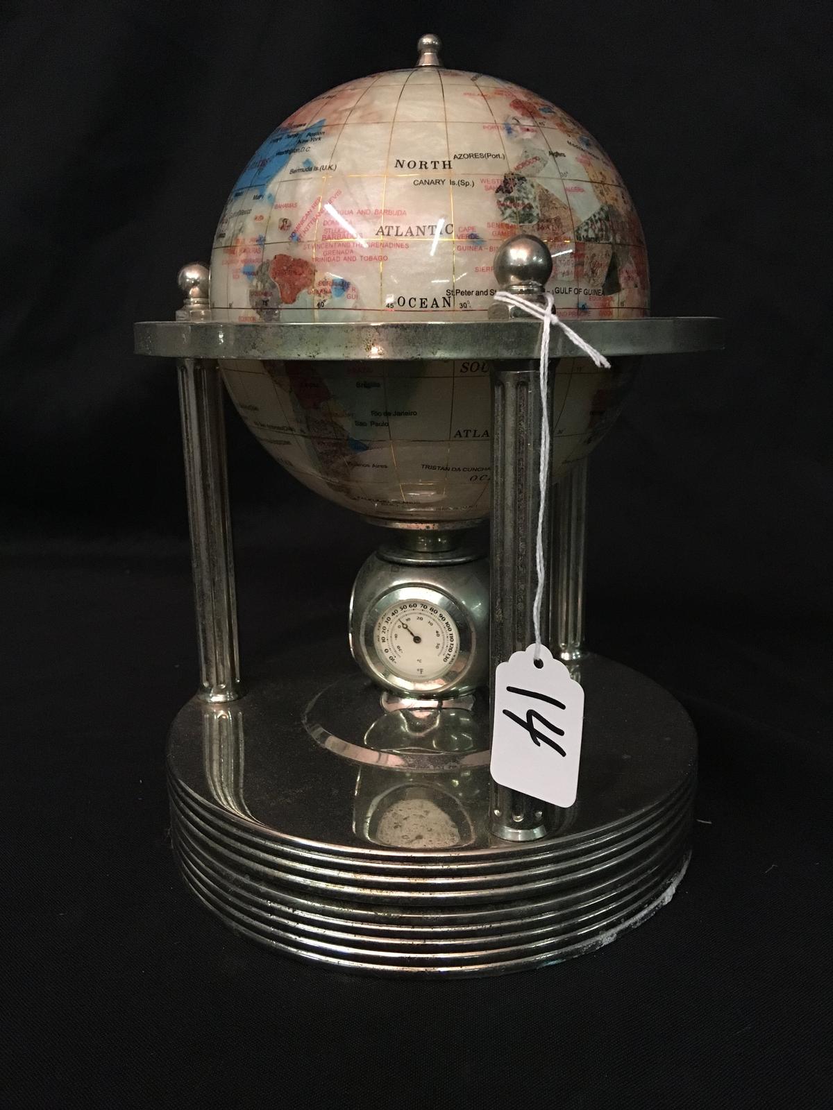 Revolving Globe Of Semi-Precious Stones In Metal Frame Is 11" Tall