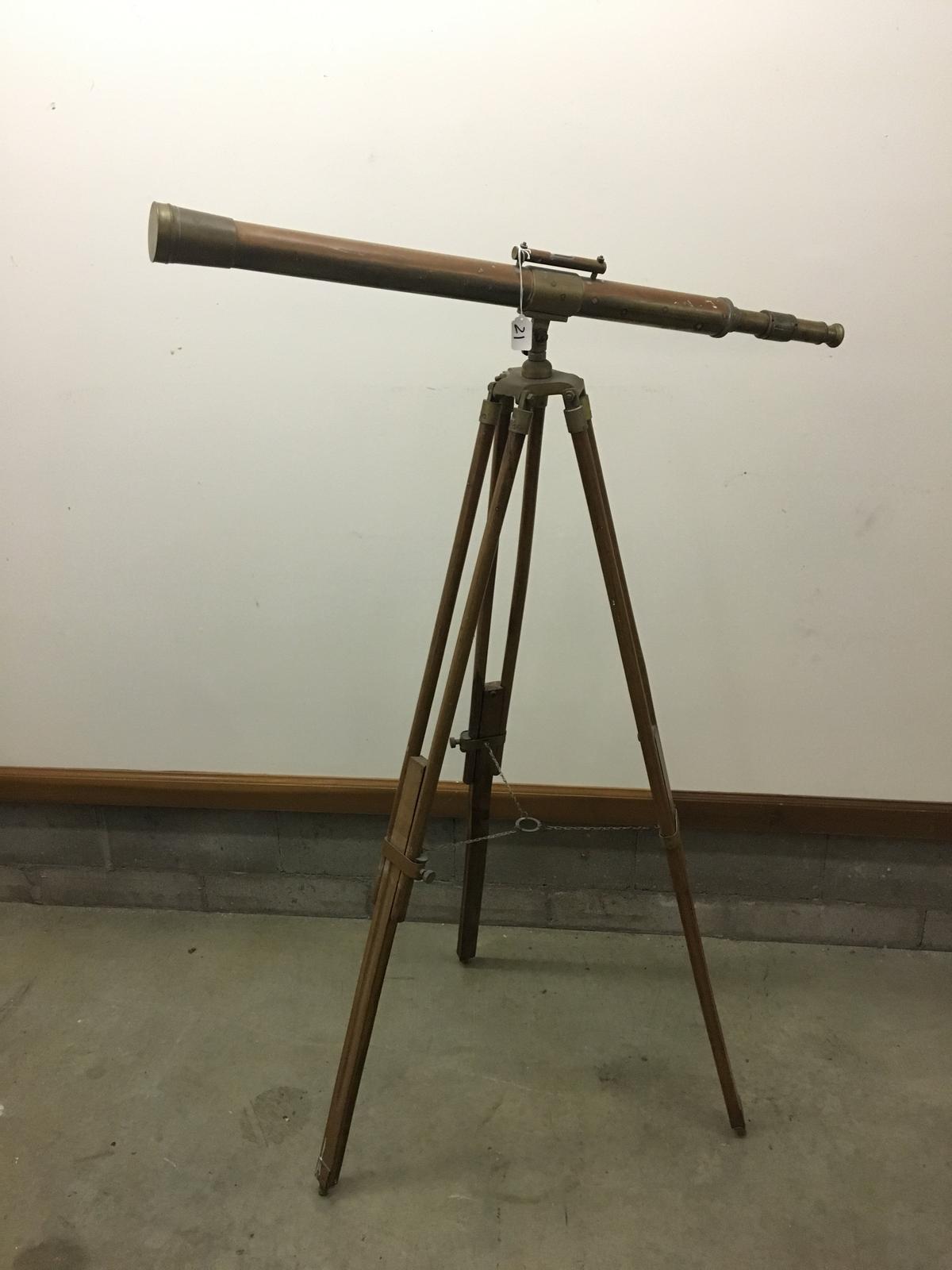 Contemporary Brass & Copper Telescope On Adjustable Tripod Is 60" Tall