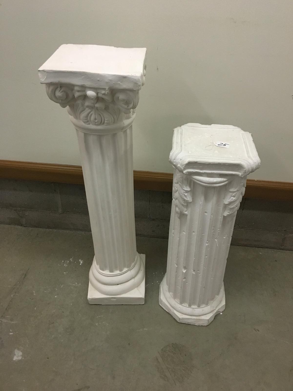 Pair Of Plaster Pedestals Are 27" & 35" Tall  *Both Have Some Chipping*