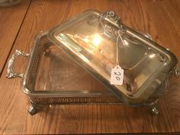 Casserole Dish In Silver Plated Holder Is 9" x 18" x 9"T.