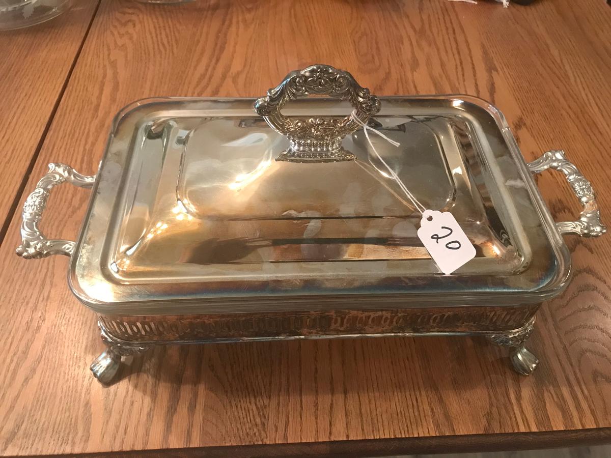 Casserole Dish In Silver Plated Holder Is 9" x 18" x 9"T.