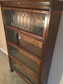 Antique Oak 4-Stack Barrister Bookcase W/Leaded Glass Top Door