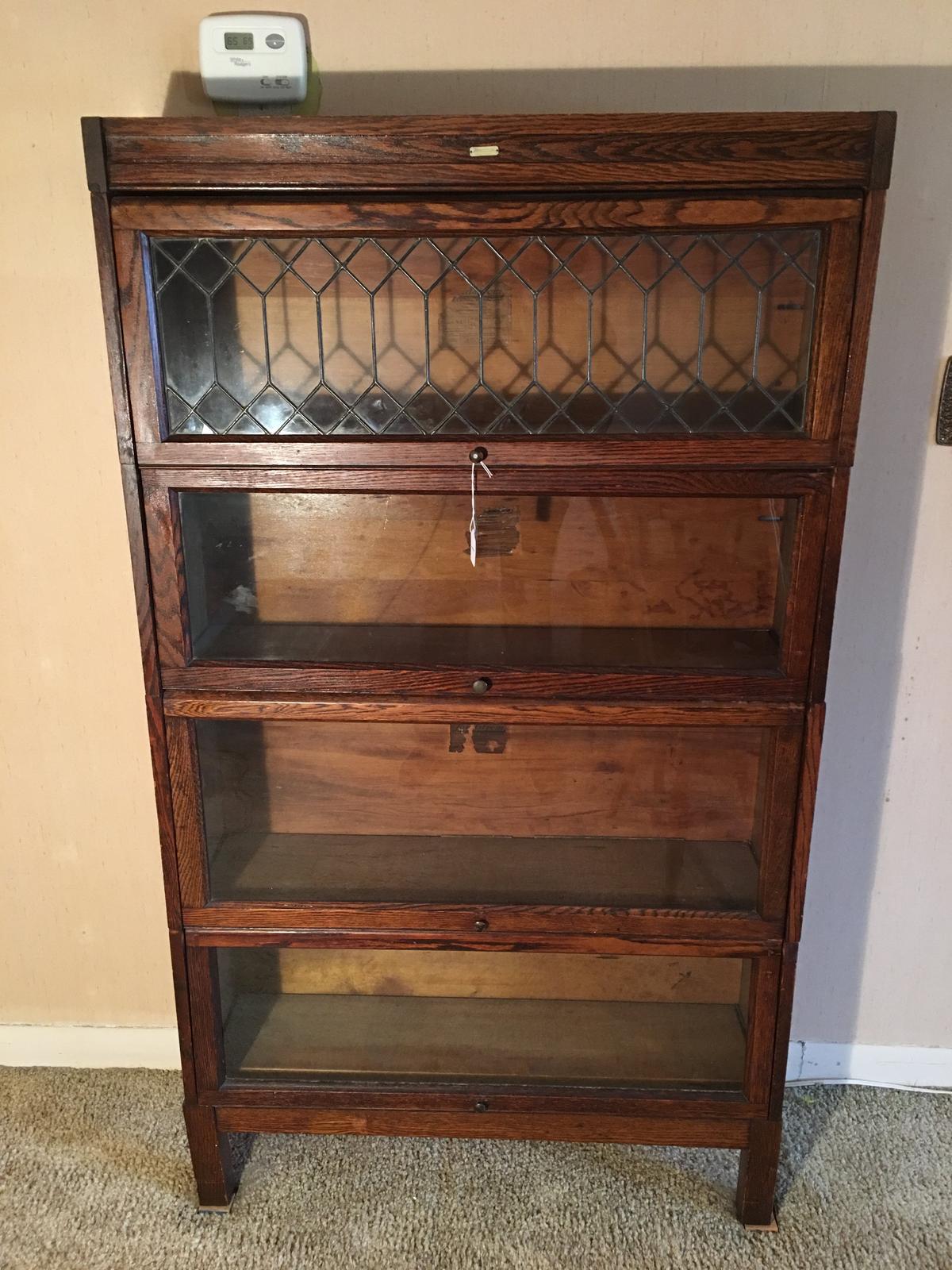 Antique Oak 4-Stack Barrister Bookcase W/Leaded Glass Top Door