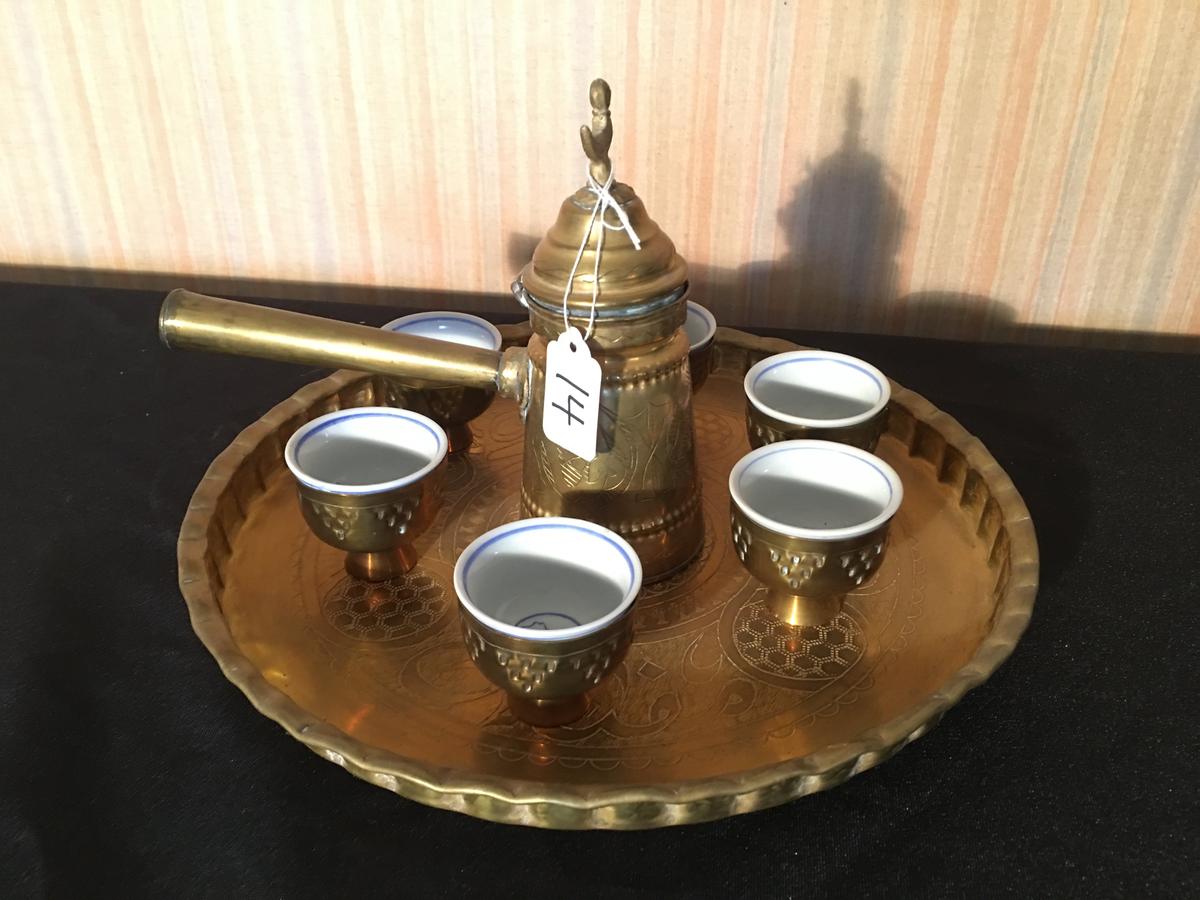 Engraved Brass Tea Set W/Tray, 6 Cups W/Porcelain Inserts, & 7"T. Teapot