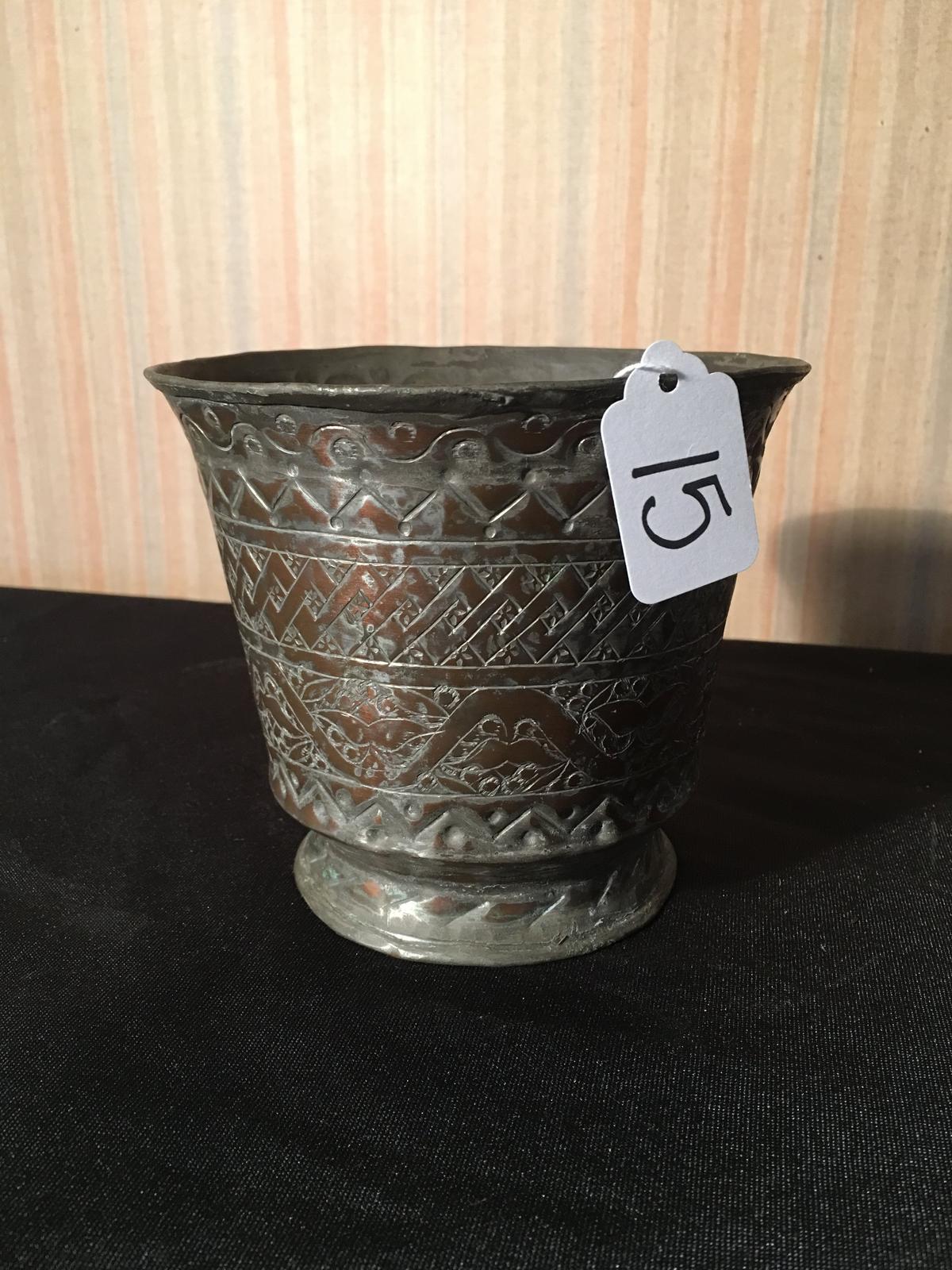 Middle Eastern Engraved Copper Pot Is 5" Tall