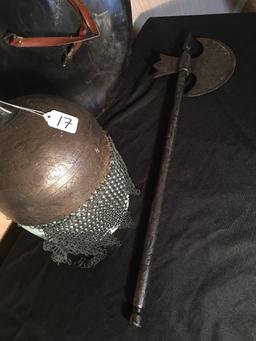 Unusual Middle Eastern Engraved Shield, Helmet W/Chain Mesh, & Horsemans Axe