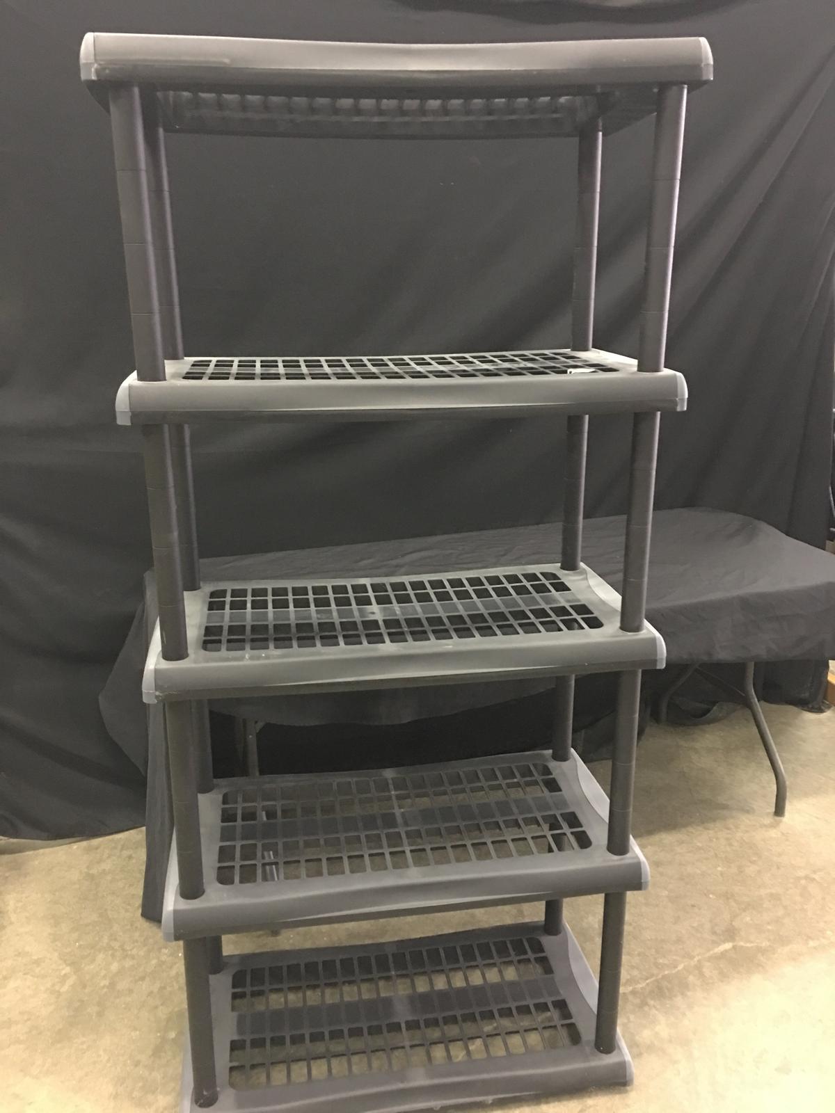 Black Plastic Storage Shelf Is 33"W. x 17"D. x 72"T.