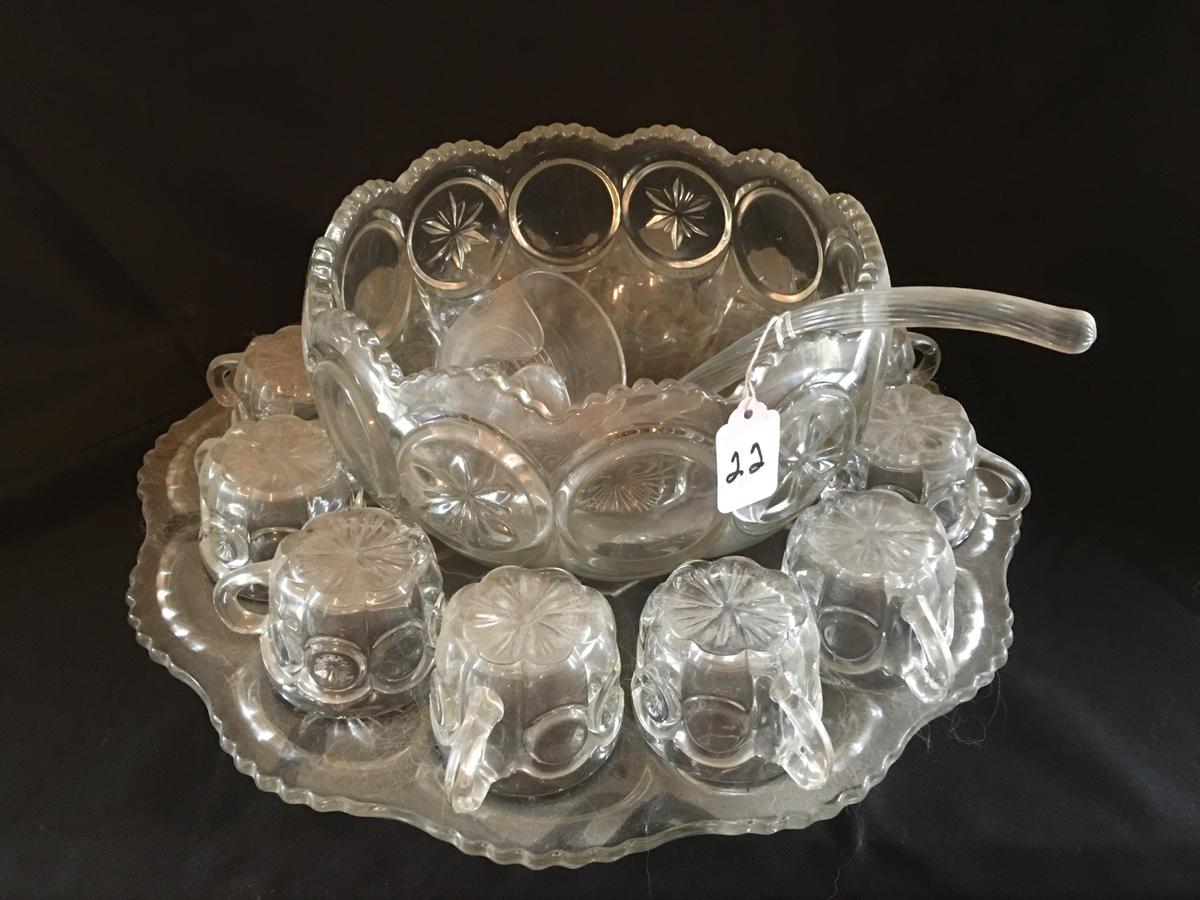 Vintage Pressed Glass  Punch Set With Undertray & (12) Cups