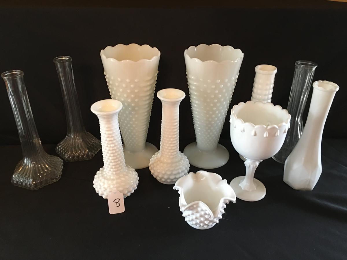 Lot Of Milk Glass & Clear Vases