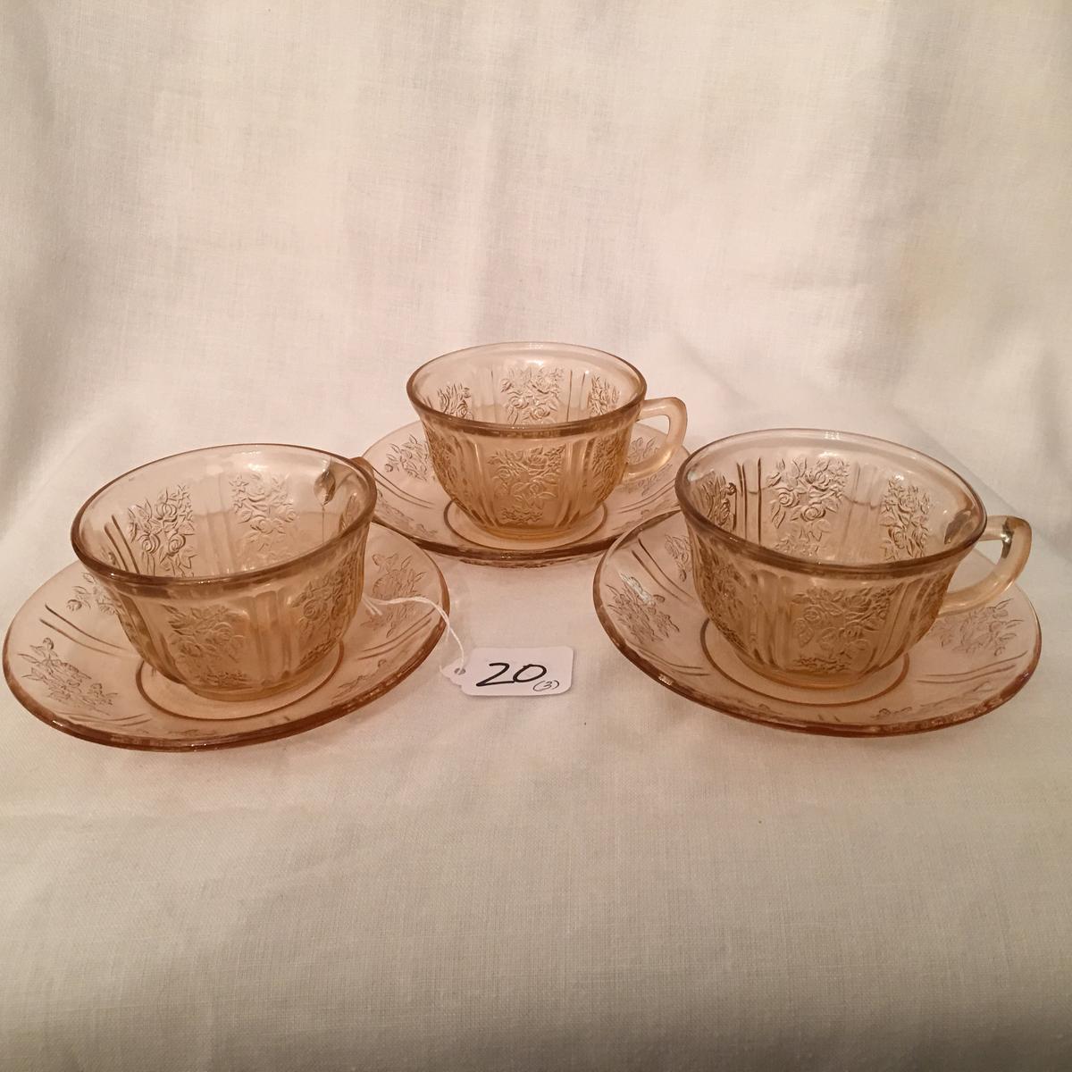 (3) Pink Depression Glass Handled Cups & Saucers