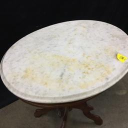 Antique Victorian Walnut Lamp Table W/Oval Marble Top