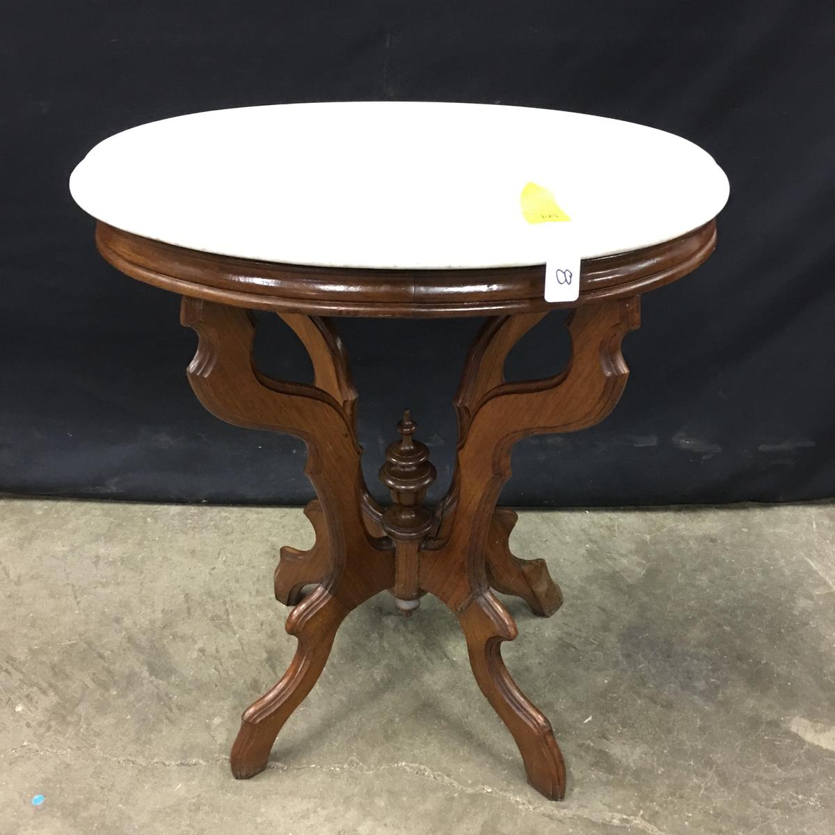 Antique Victorian Walnut Lamp Table W/Oval Marble Top