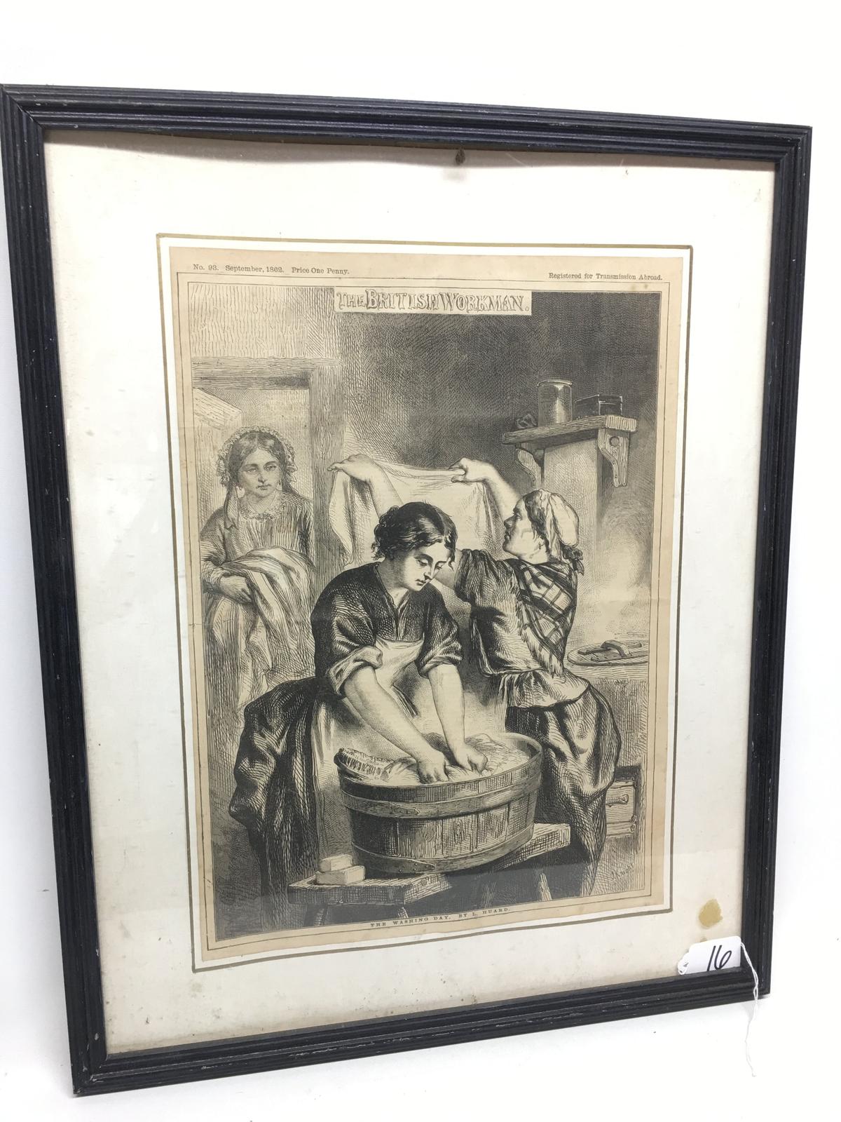 Antique Framed Print Titled "Washday" By L. Huard Is Dated 1862