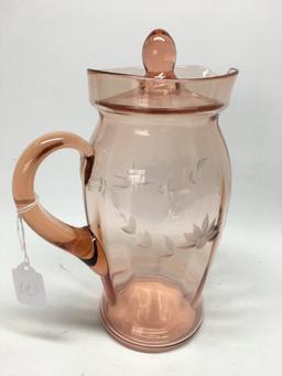 Pink Depression Glass Lidded Pitcher W/Etched Design