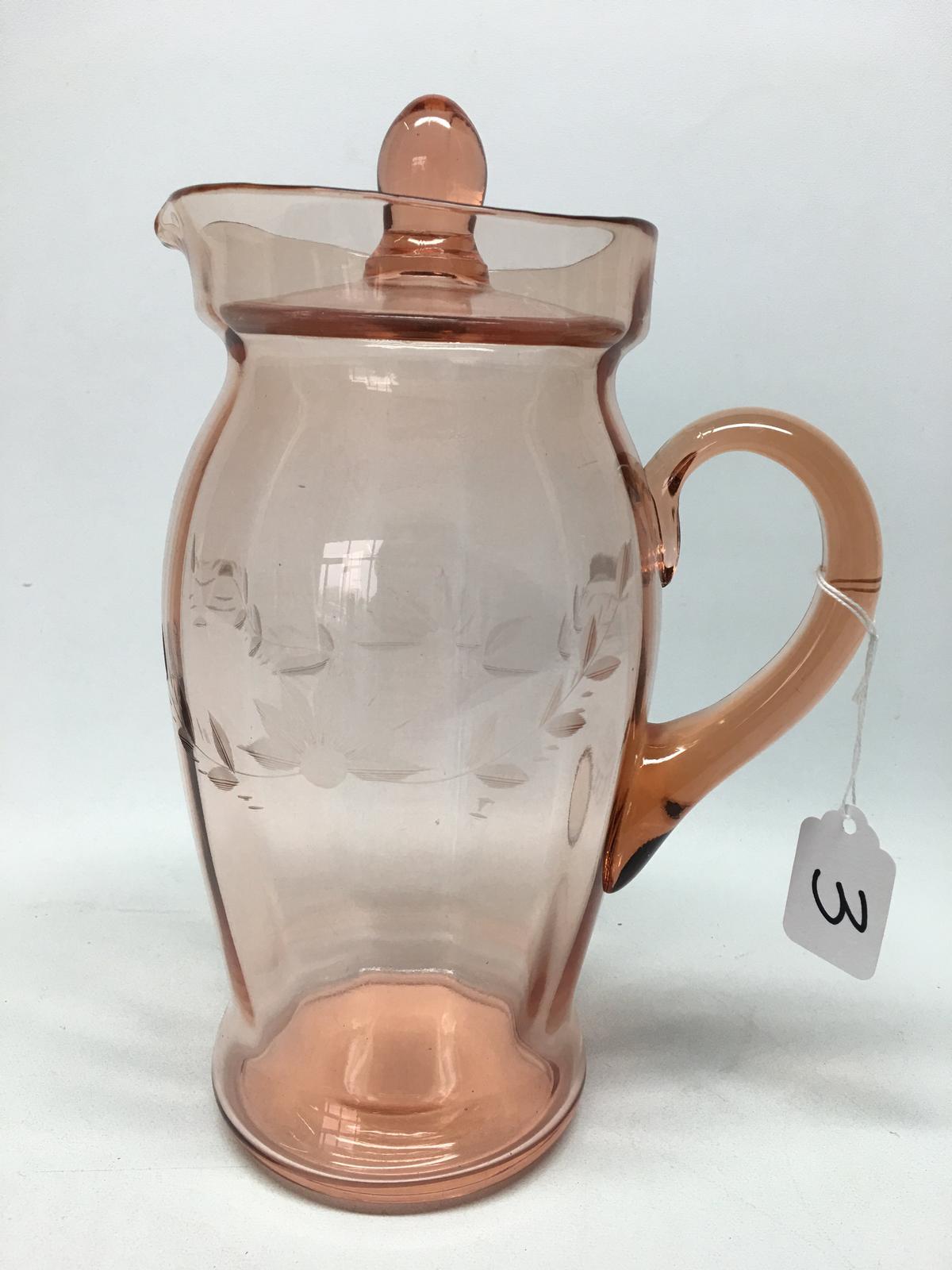 Pink Depression Glass Lidded Pitcher W/Etched Design