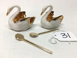 (2) Limoges, France Figural Swan Salt Dips W/Spoons Are 2" Tall