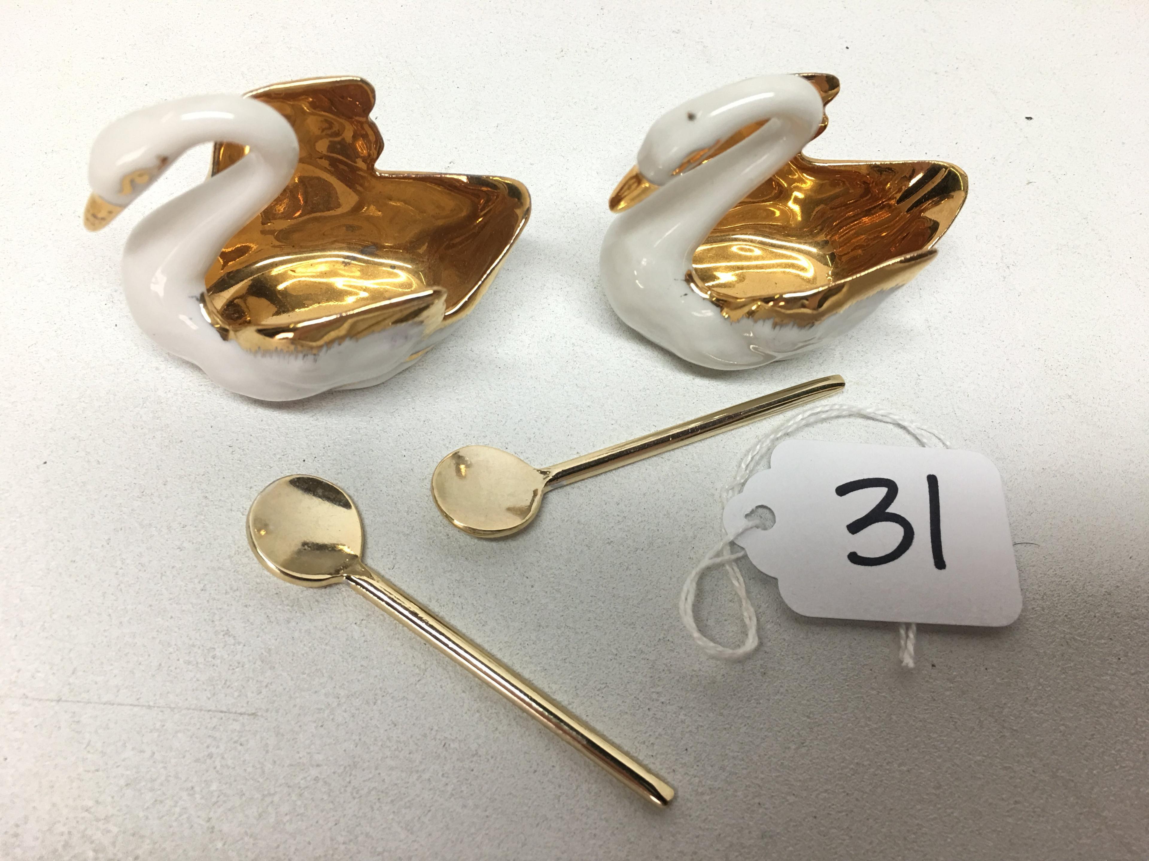 (2) Limoges, France Figural Swan Salt Dips W/Spoons Are 2" Tall