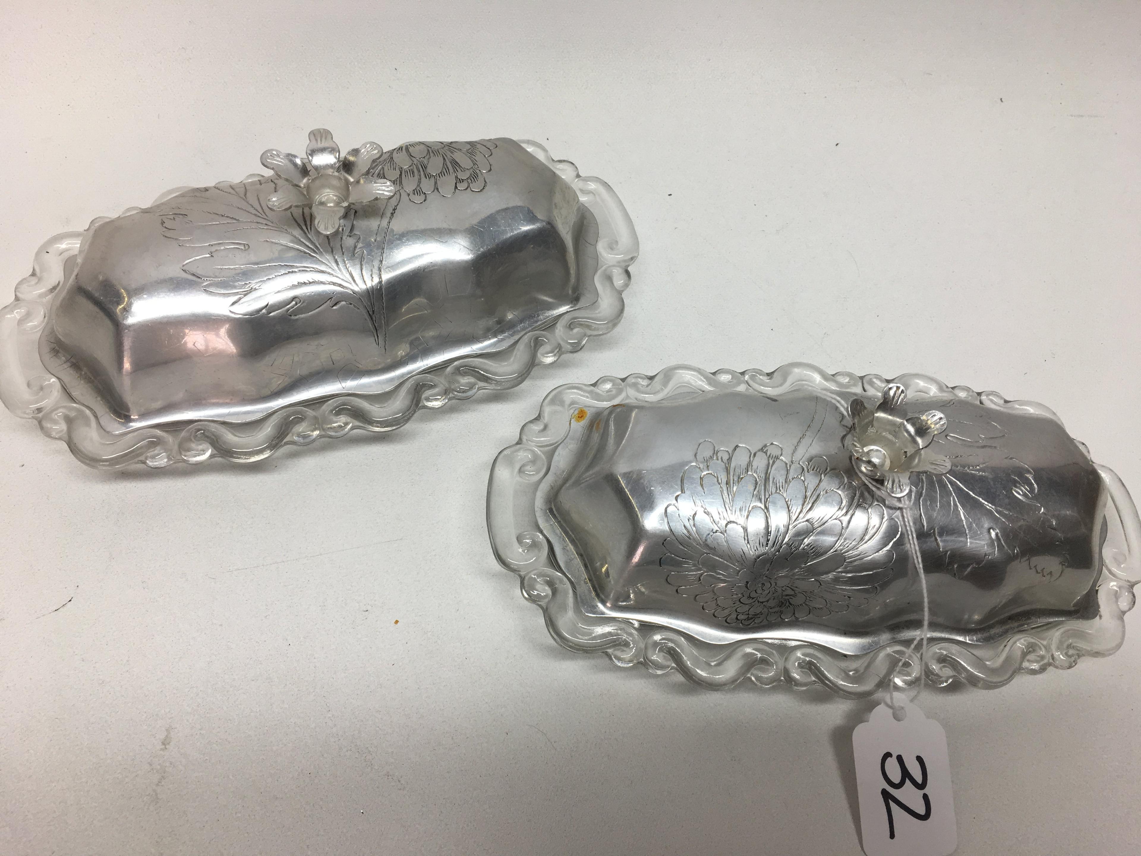 (2) Matching Vintage Covered Butters W/Aluminum Covers Are 8" Long