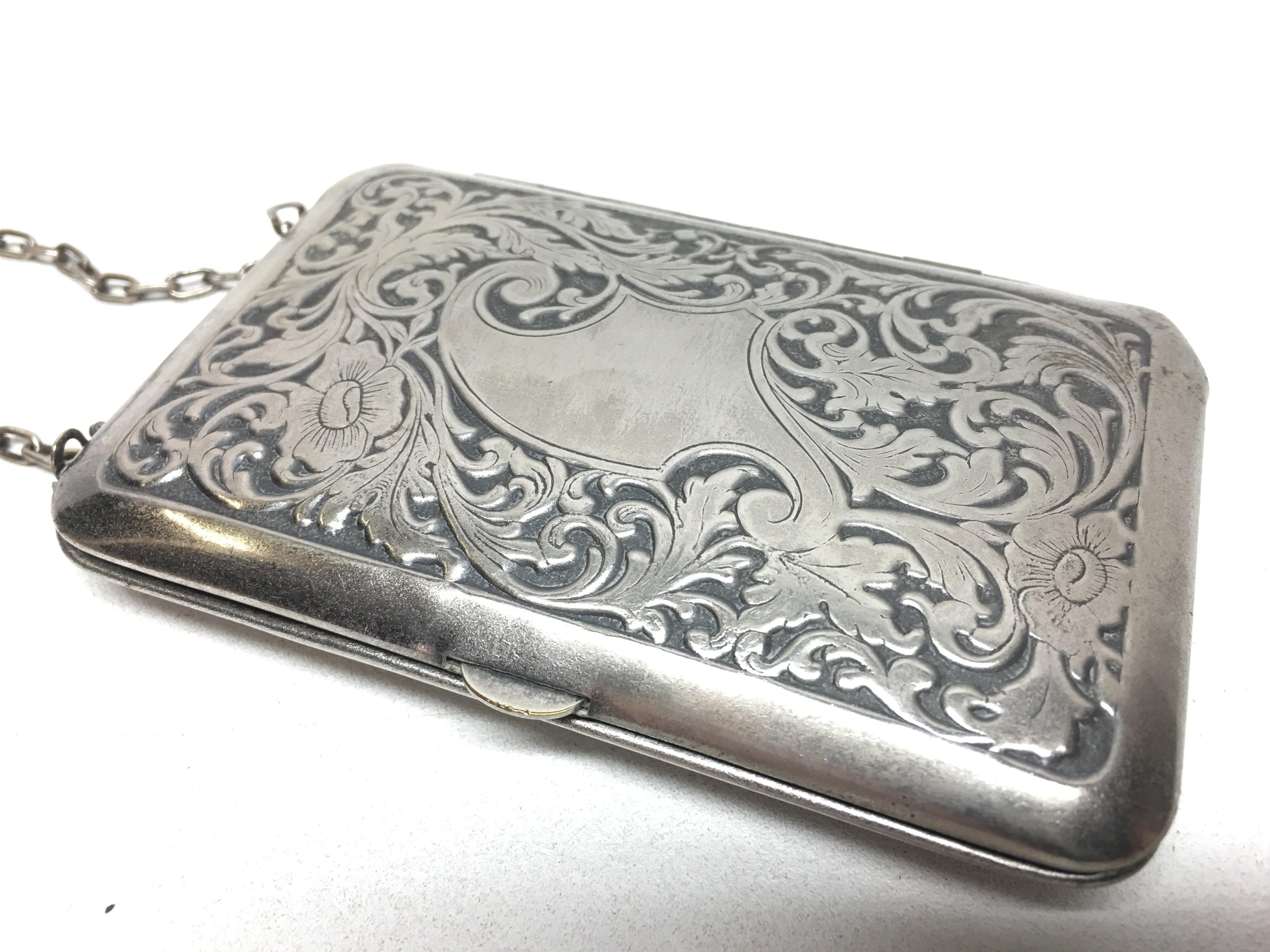 Vintage Ladies Silverplated & Engraved Purse W/Compact & Coin Holder