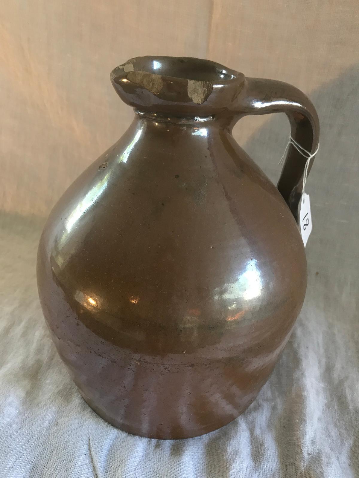 Antique Brown Stoneware Handled Pitcher