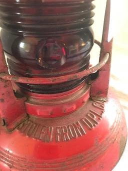 Dietz # 40 Red Globe Lantern Has "Stolen From D.P. & L" On Base.