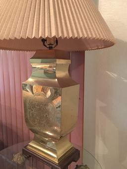 Pair Of Brass Table Lamps W/Oriental Design Are 28" tall.