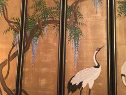 4-Panel Oriental Design Oil Of Canvas W/Birds