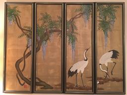 4-Panel Oriental Design Oil Of Canvas W/Birds