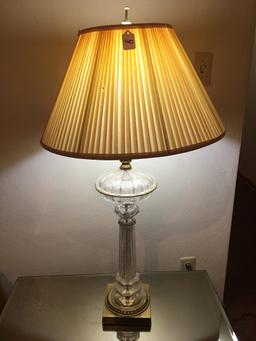 Pair Of Brass & Glass Table Lamps W/Cloth Shades