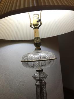 Pair Of Brass & Glass Table Lamps W/Cloth Shades