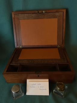 Antique Walnut Writing Box W/2 Inkwells
