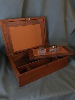 Antique Walnut Writing Box W/2 Inkwells