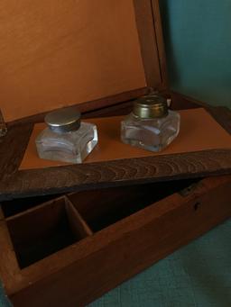 Antique Walnut Writing Box W/2 Inkwells