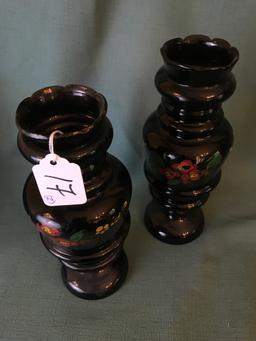 Pair Of Matching Hand Blown Vases W/Hand Painted Design